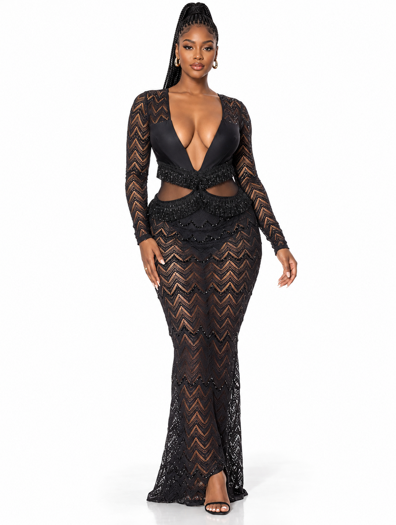 Noir Fringe Maxi Gown