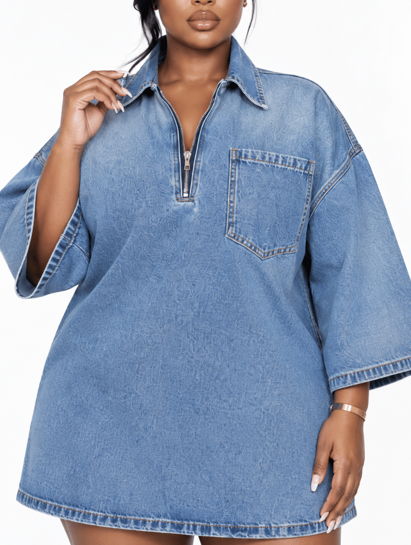 Half-Zip Denim Mini Dress