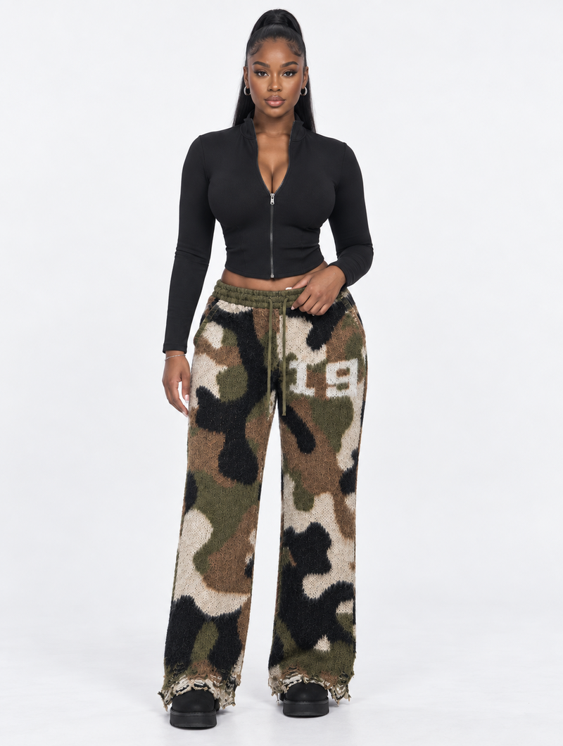 Camo Distressed Knit Pants (Pre-Order)