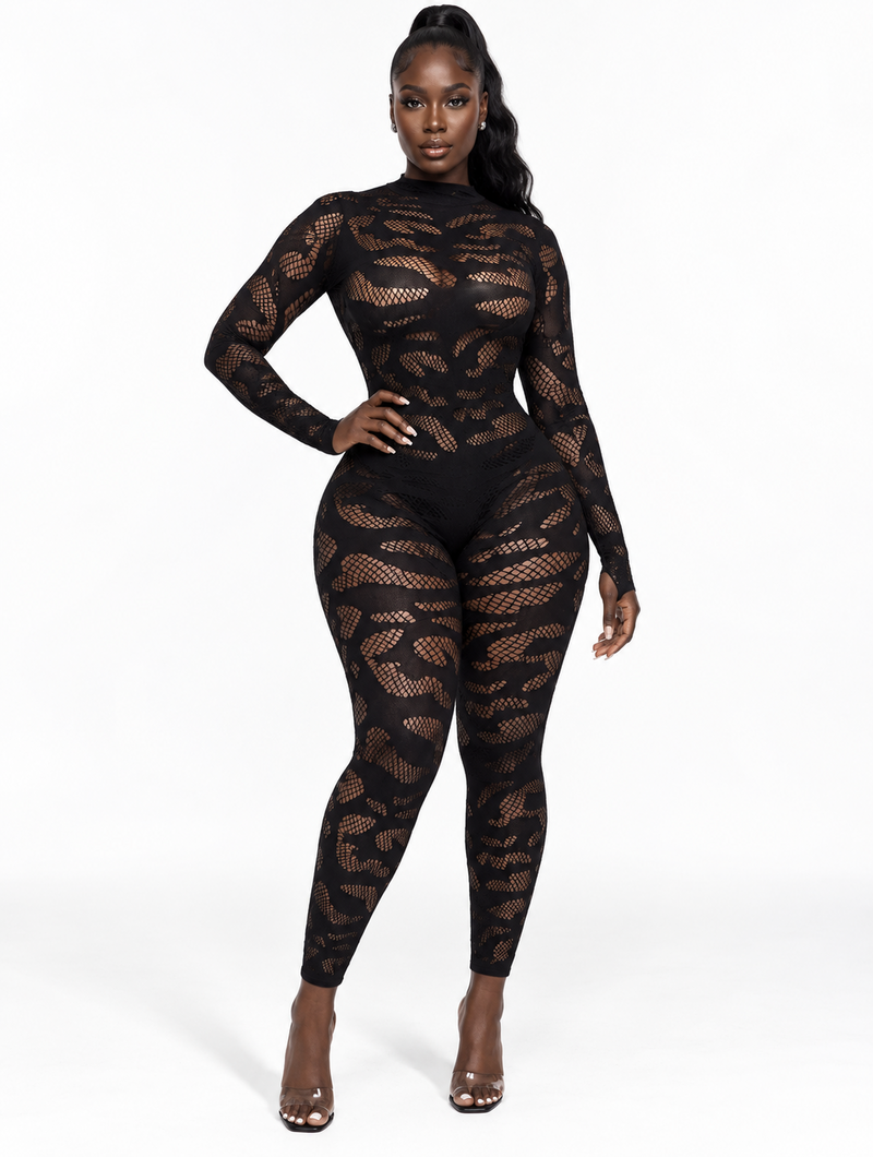 Mock Neck Fishnet Catsuit