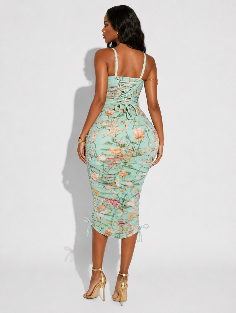 Ruched Floral Mesh Dress
