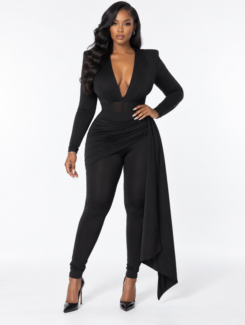 Plunge Ruched Drape Jumpsuit