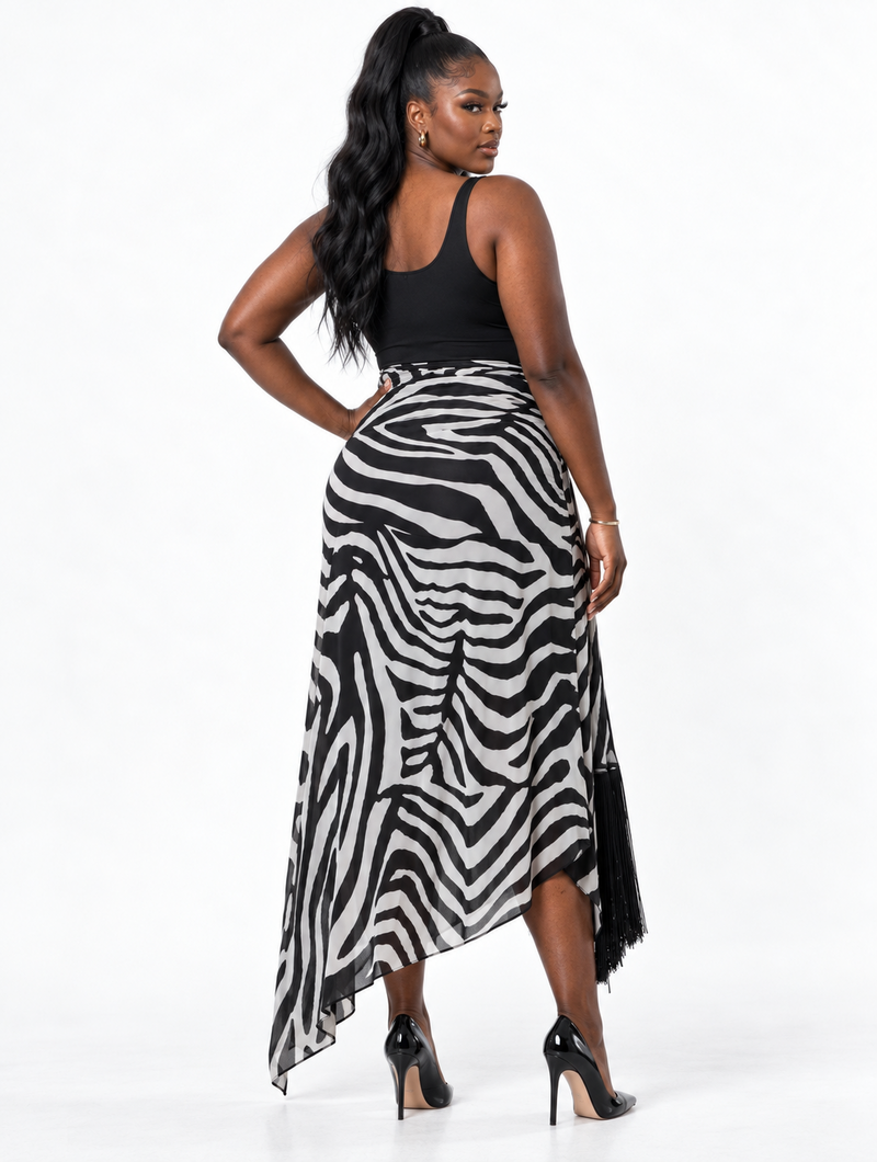 Zebra Fringe Midi Skirt