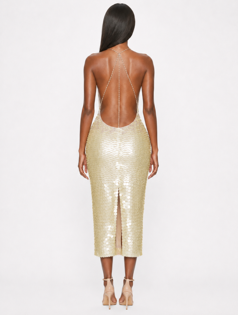 Champagne Sequin Midi Dress