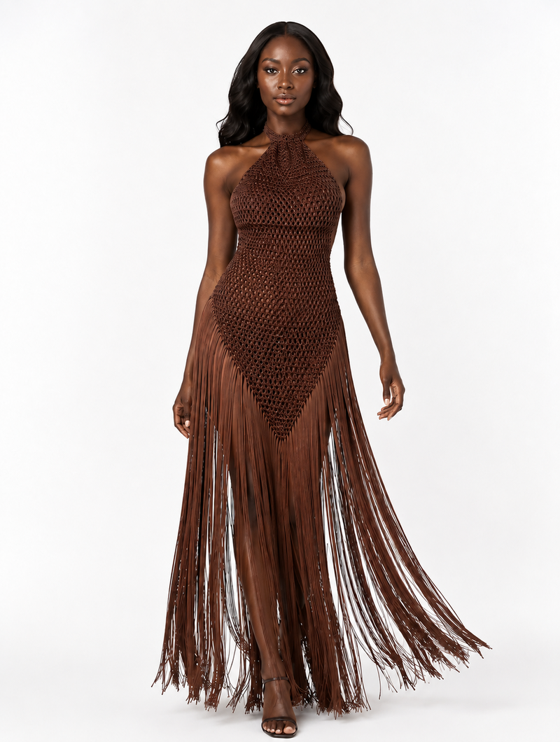Mocha Crochet Fringe Maxi