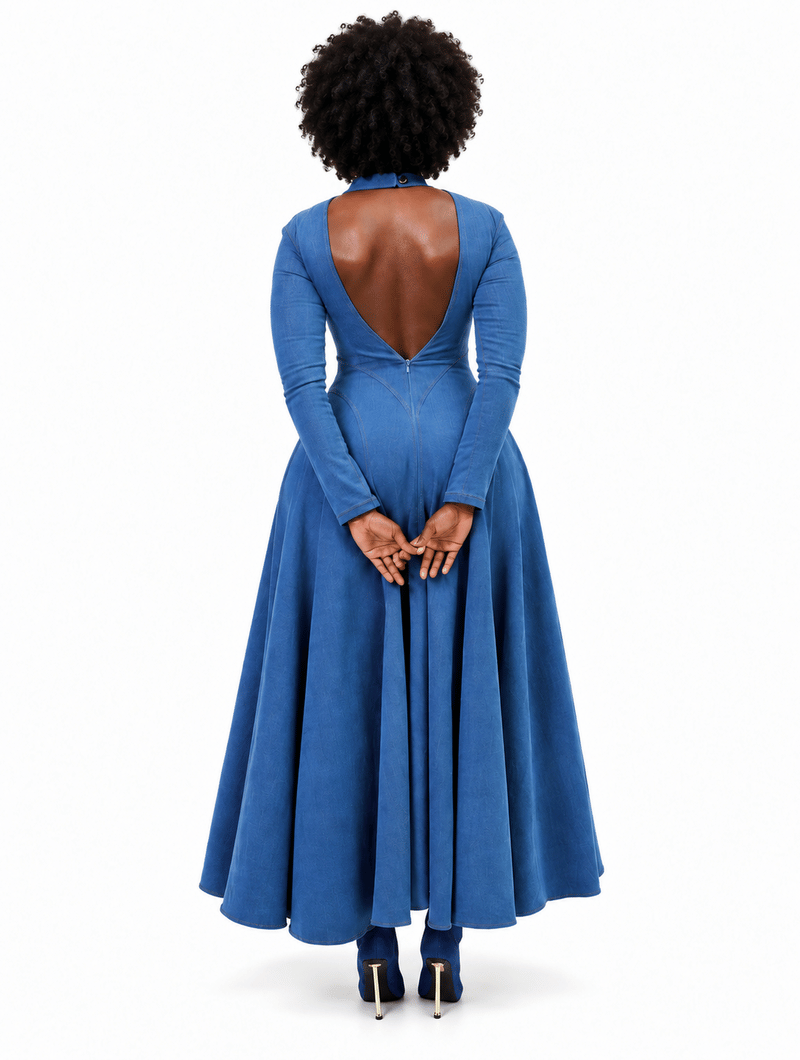 Backless Denim Flare Dress