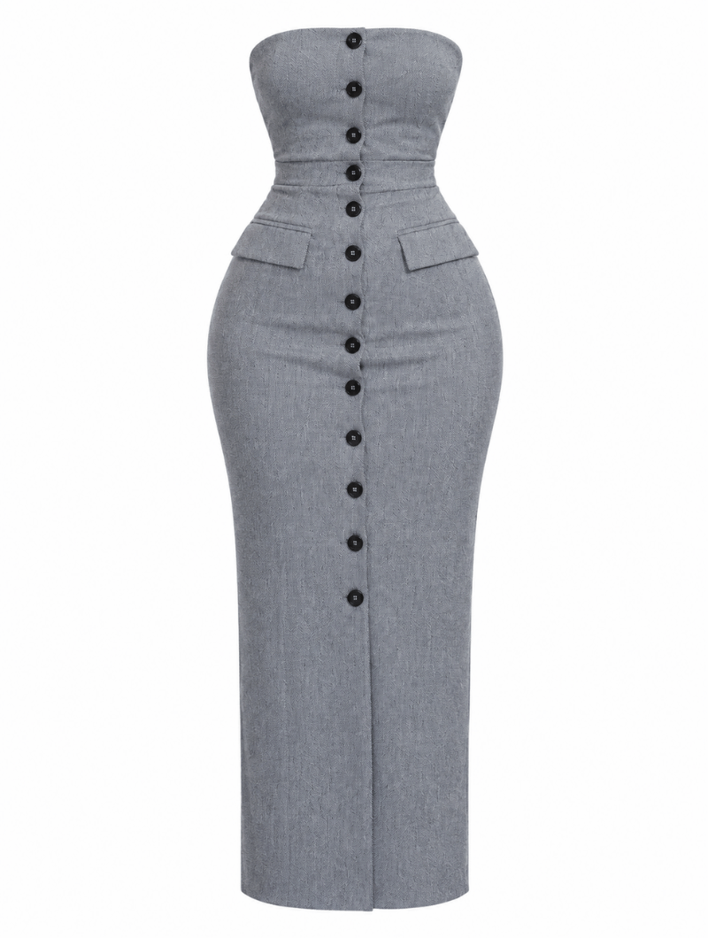 Strapless Buttoned Column Dress