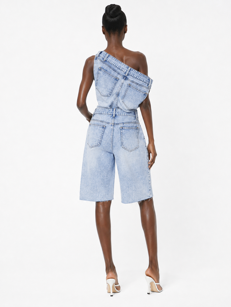 One Shoulder Denim Romper