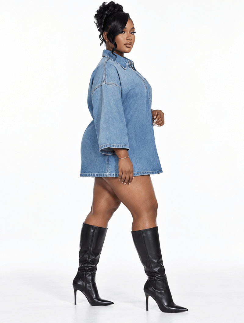 Half-Zip Denim Mini Dress