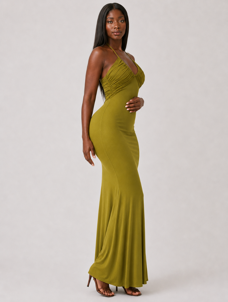 Olive Ruched Halter Maxi