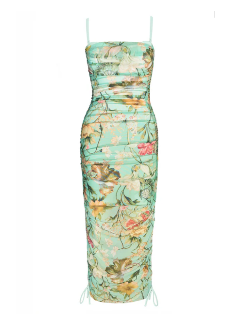 Ruched Floral Mesh Dress