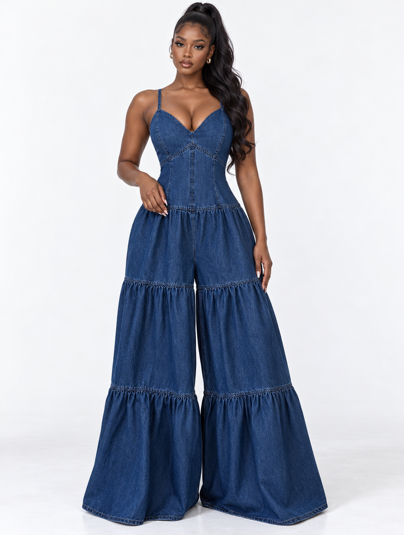 Tiered Denim Maxi Jumpsuit