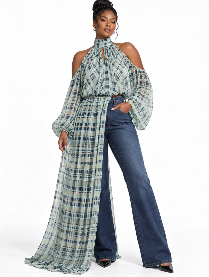 Sheer Plaid Cape Top