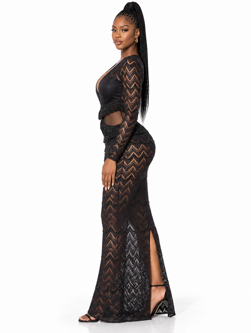 Noir Fringe Maxi Gown