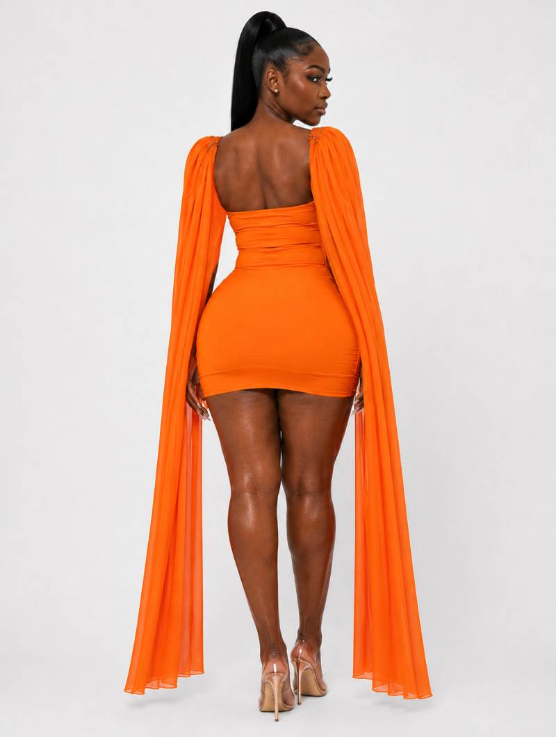 Orange Beaded Long-Sleeve Mini