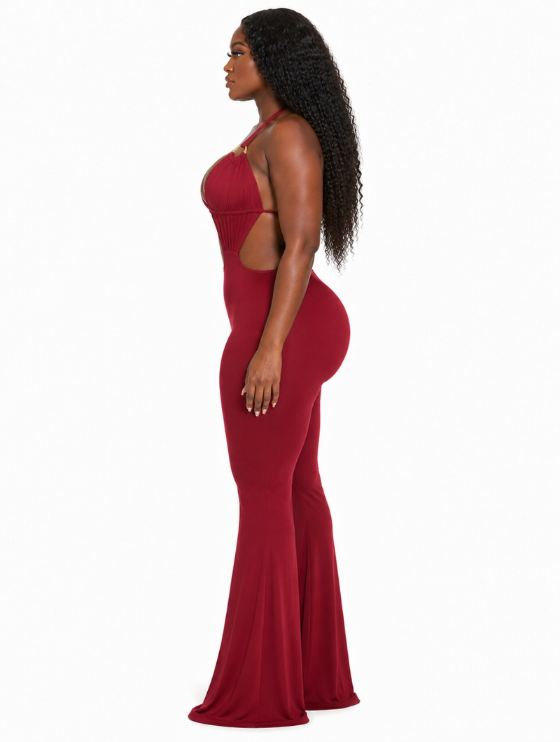Wine Halter Flare Jumpsuit