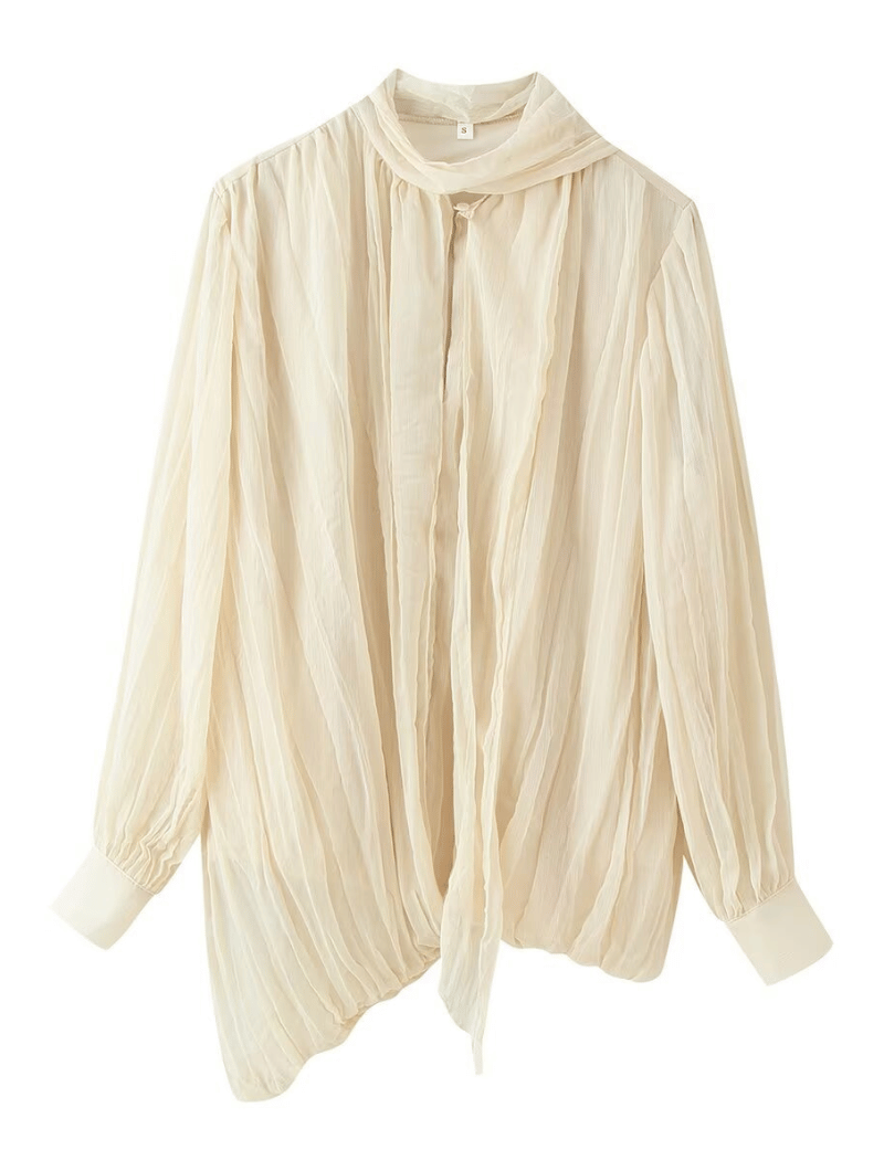 Pleated Tie-Neck Asymmetric Blouse