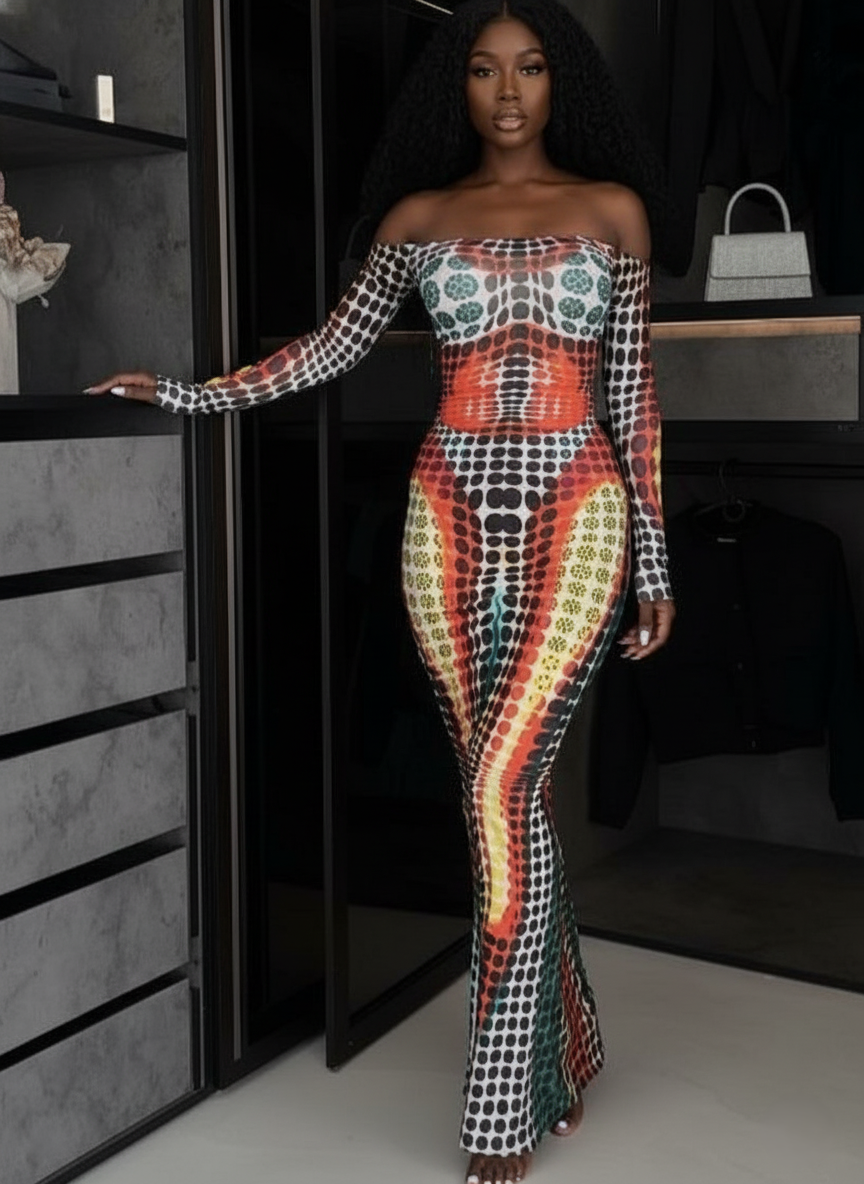 Off-Shoulder Printed Bodycon Maxi