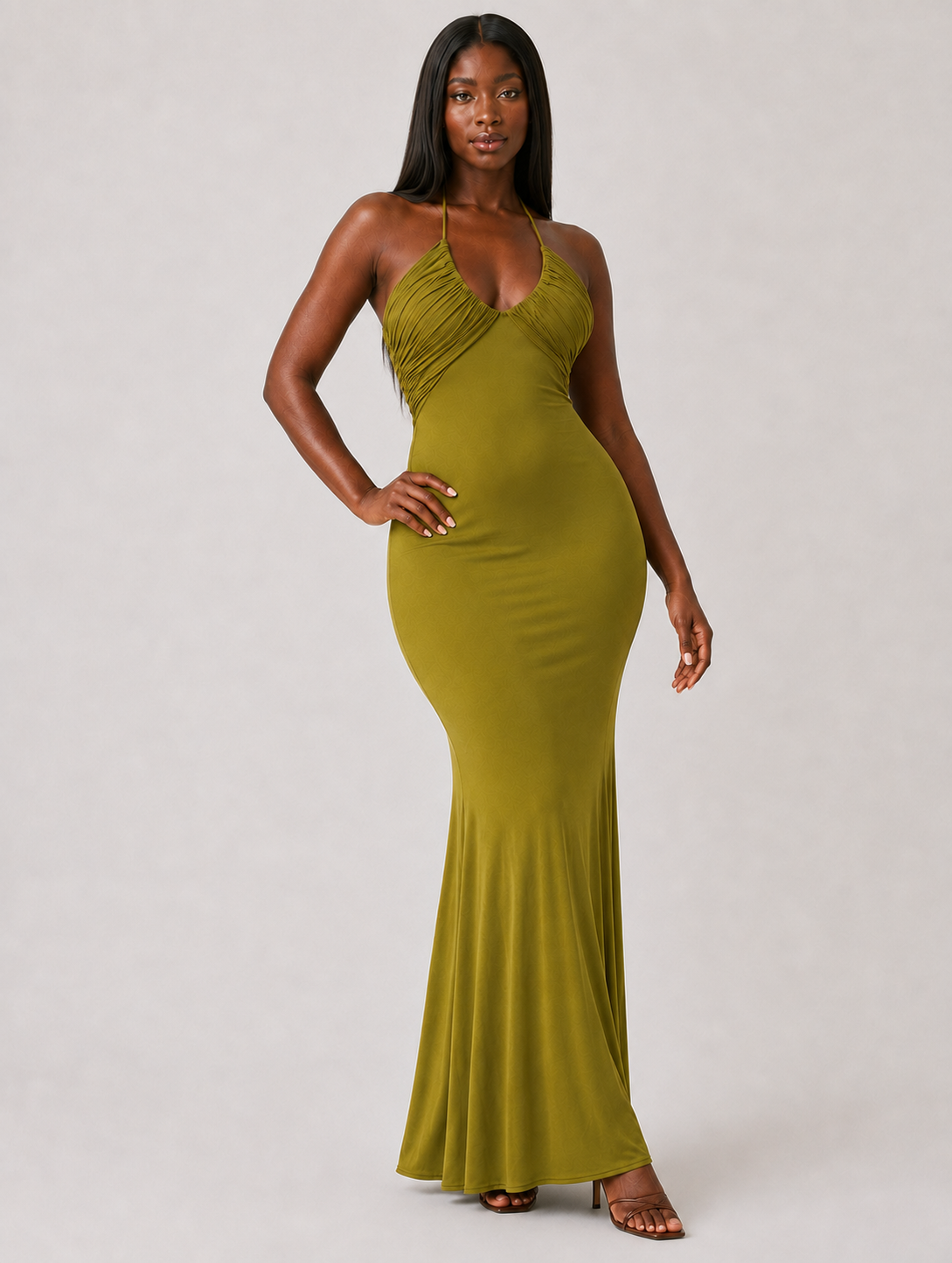 Olive Ruched Halter Maxi